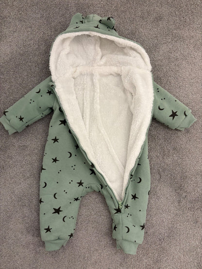 Miniolie Baby Moon and Star Fleeced Lined Romper, Green, 18-24 months, Kids 24 Month (18-24M)