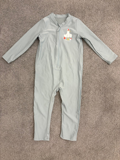 H&M UPF 50 Sun Protection Jumpsuit, Turquoise/Seagull, 1-2Y, Kids 24 Month (18-24M)