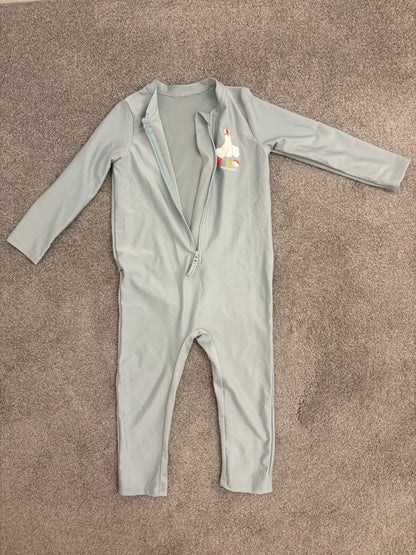 H&M UPF 50 Sun Protection Jumpsuit, Turquoise/Seagull, 1-2Y, Kids 24 Month (18-24M)