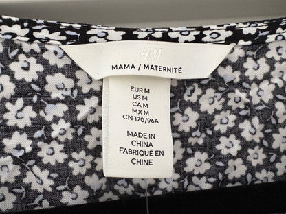 H&M MAMA Short-Sleeve Wrap-Front Nursing Dress, Black/Floral, Size M, NWT, Maternity M (8-10)