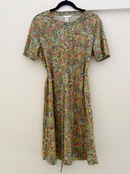 H&M MAMA Short-Sleeve Tie-belt Jersey Dress, Light Green/Small Flowers, Size M, Maternity M (8-10)