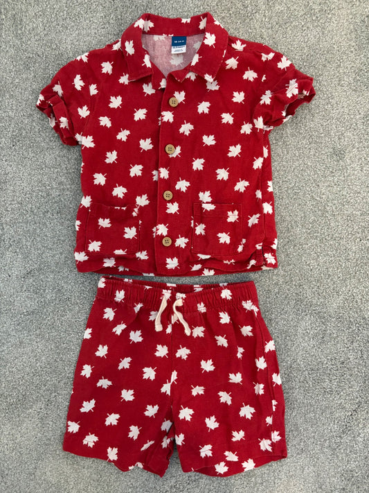 Old Navy Linen-Blend Shirt and Shorts Set, Red/White, Maple Leaf Print, 18-24 months, Kids 24 Month (18-24M)