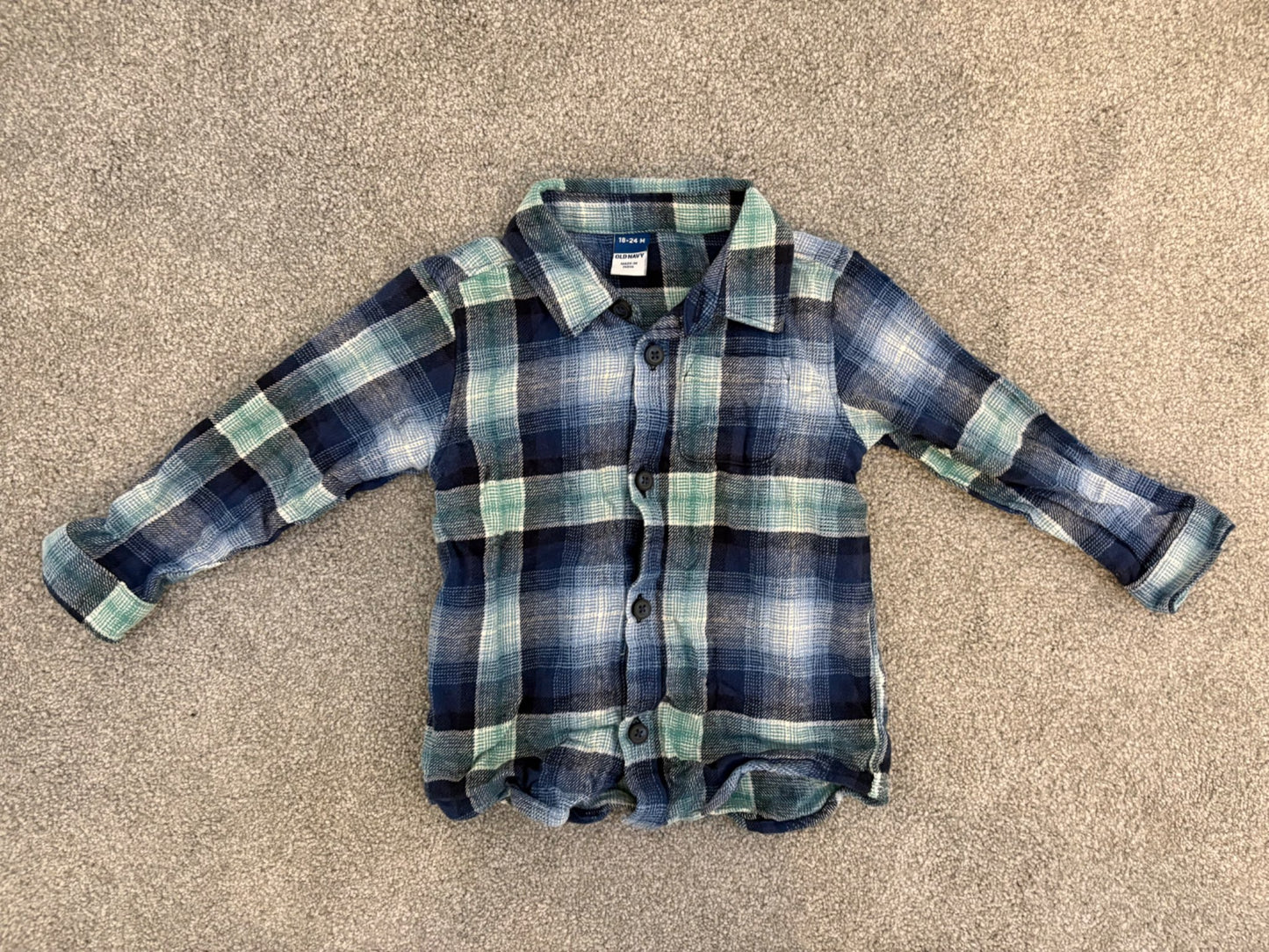 Old Navy Long-Sleeve Plaid Pocket Shirt, Blue Plaid, Size 18-24 months, Kids 24 Month (18-24M)