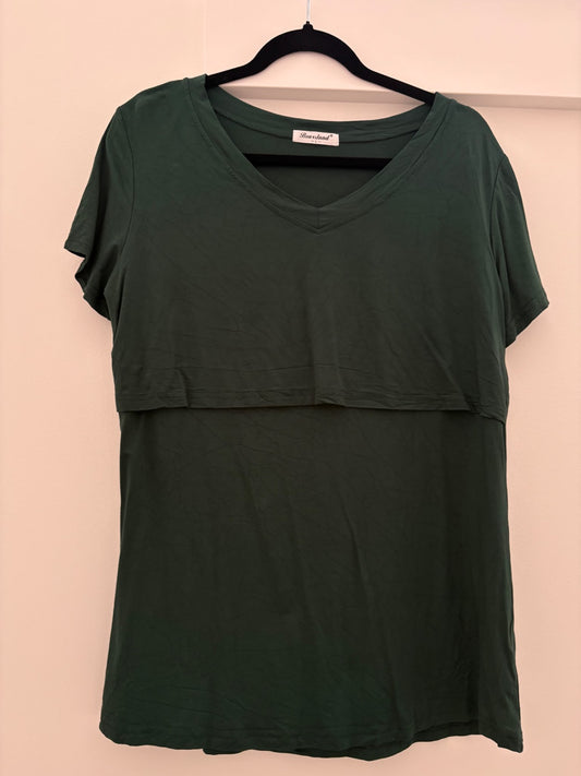 Bearsland Nursing Top Short-Sleeve Scoop Neck Shirt, Deep Green, Size L, Maternity L (12-14)