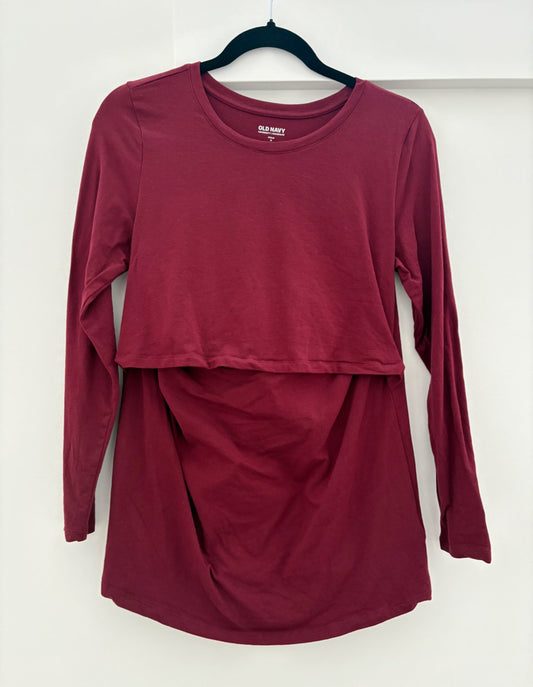 Old Navy Maternity Double-Layer Long-Sleeve Nursing Top, Crimson Cranberry, Size M, Maternity M (8-10)