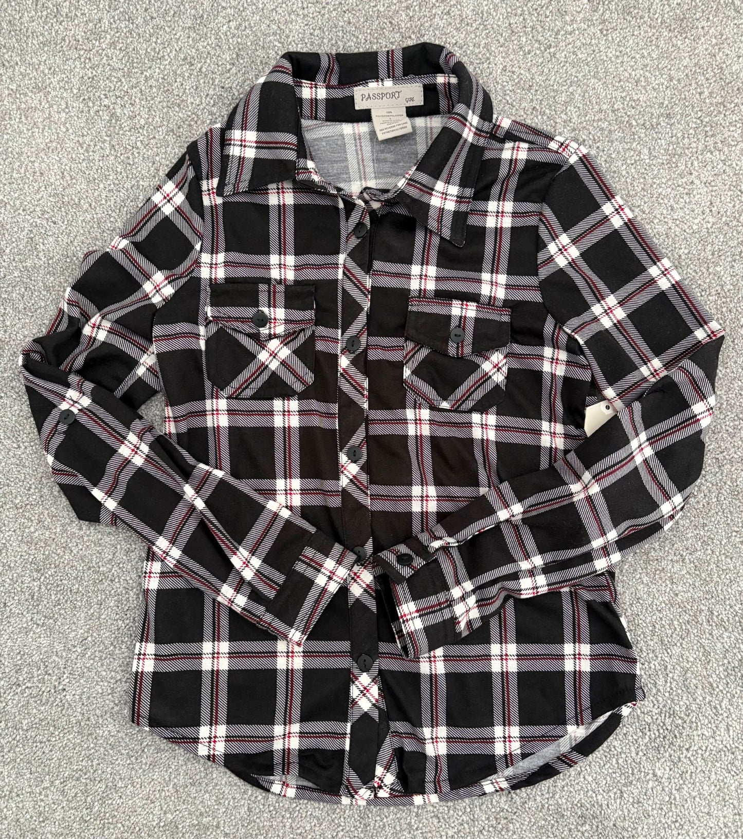 Passport Girl Black/White/Red Long Sleeve Plaid Shirt, NWT, Size 8, Kids 8