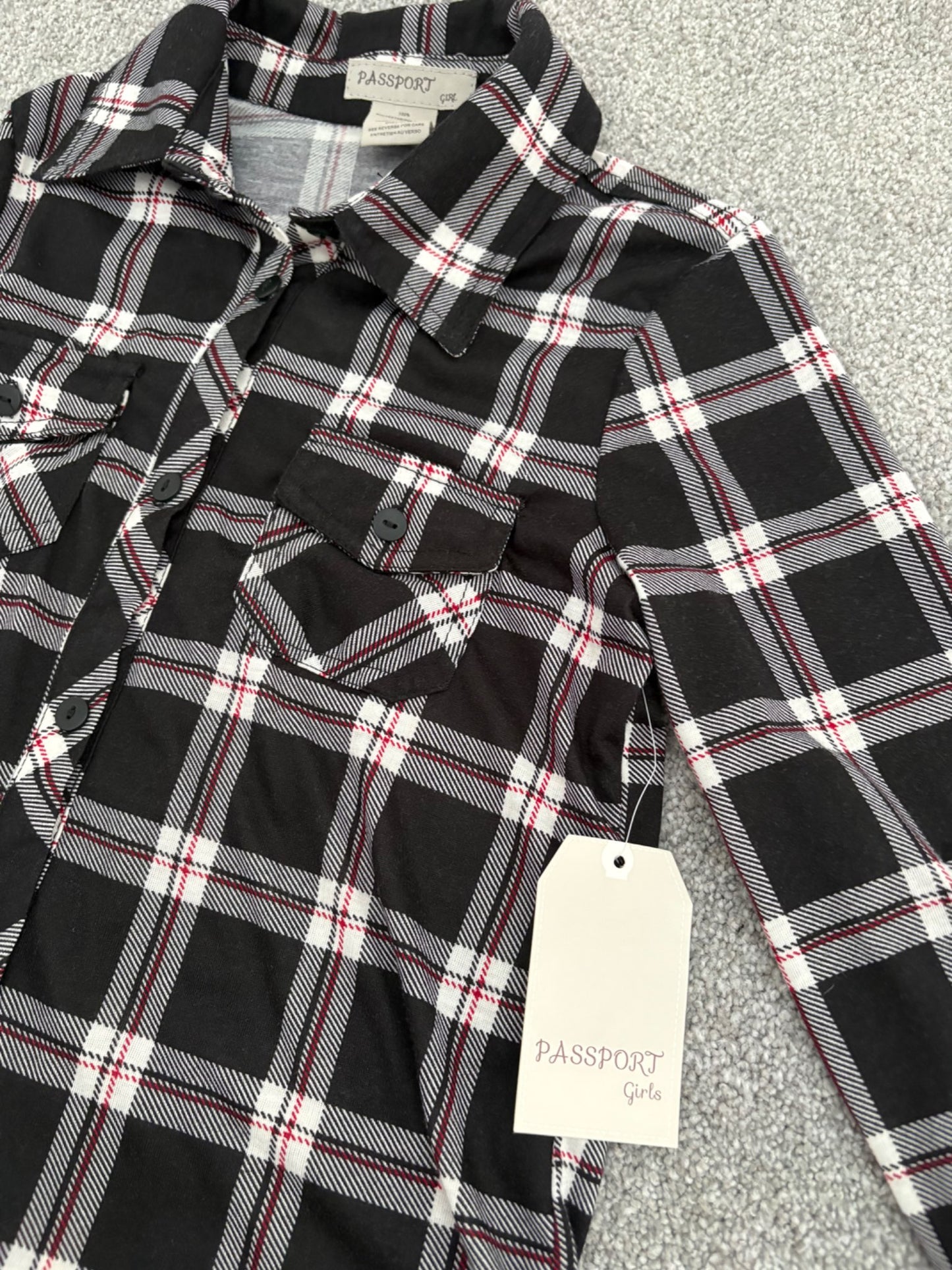 Passport Girl Black/White/Red Long Sleeve Plaid Shirt, NWT, Size 8, Kids 8