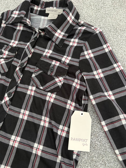Passport Girl Black/White/Red Long Sleeve Plaid Shirt, NWT, Size 8, Kids 8