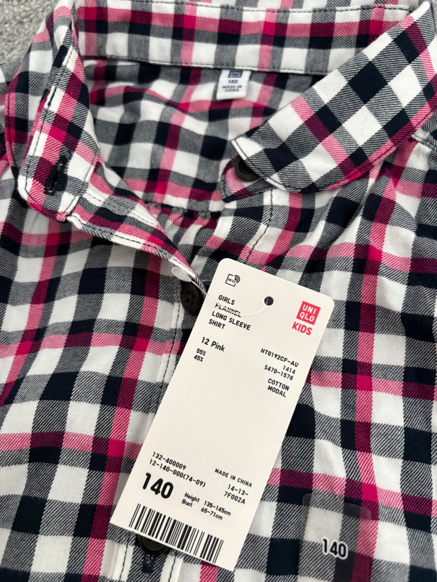 Uniqlo Girls Flannel Long Sleeve Shirt, Pink/Black/White Plaid, NWT, Size 140 (9-10 years old), Kids 10