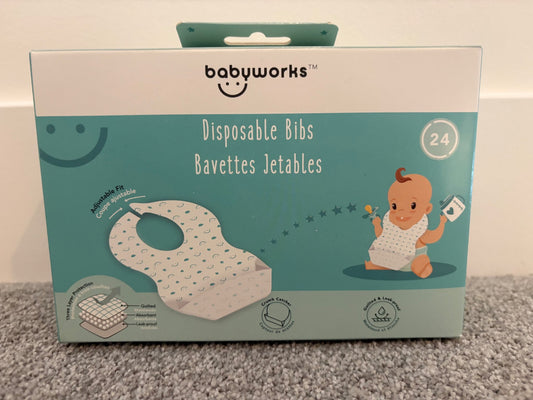 Baby Works Disposable Bibs with Crumb Catcher 24 Count, New in box