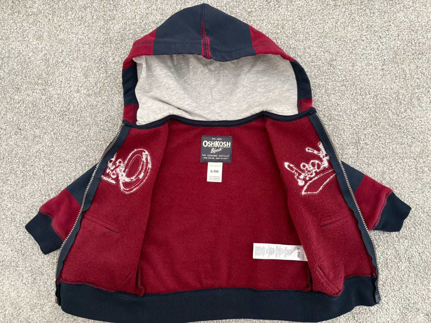 Carter’s OshKosh Logo Zip Hooded Jacket, Blue and Red Stripe, 6-9 months, Kids 9 Month (6-9M)