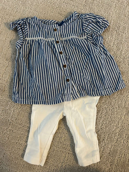 Baby Girl White and Blue Cotton Top and Pants Set, Kids 3 Month (0-3M)