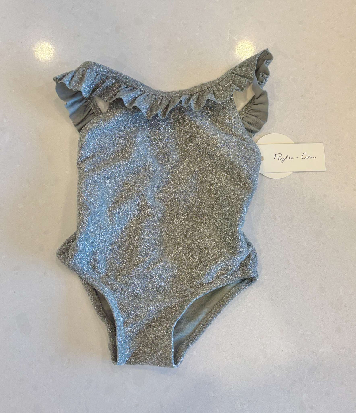 Rylee and Cru Silver Ruffle Bathing Suit, BNWT, 6-12m, MSRP $52.00, Kids 12 Month (9-12M)