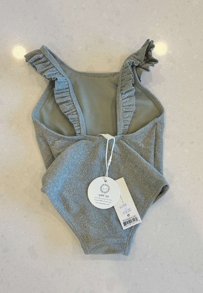 Rylee and Cru Silver Ruffle Bathing Suit, BNWT, 6-12m, MSRP $52.00, Kids 12 Month (9-12M)