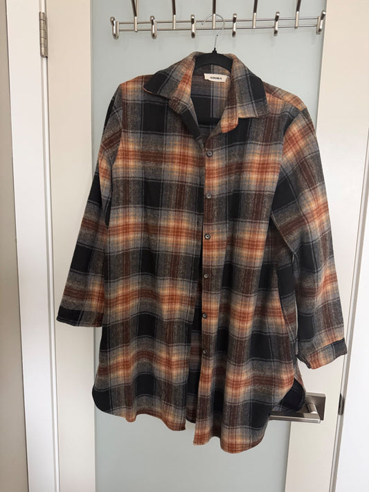 Plaid shacket - long with pockets , Maternity S (4-6)