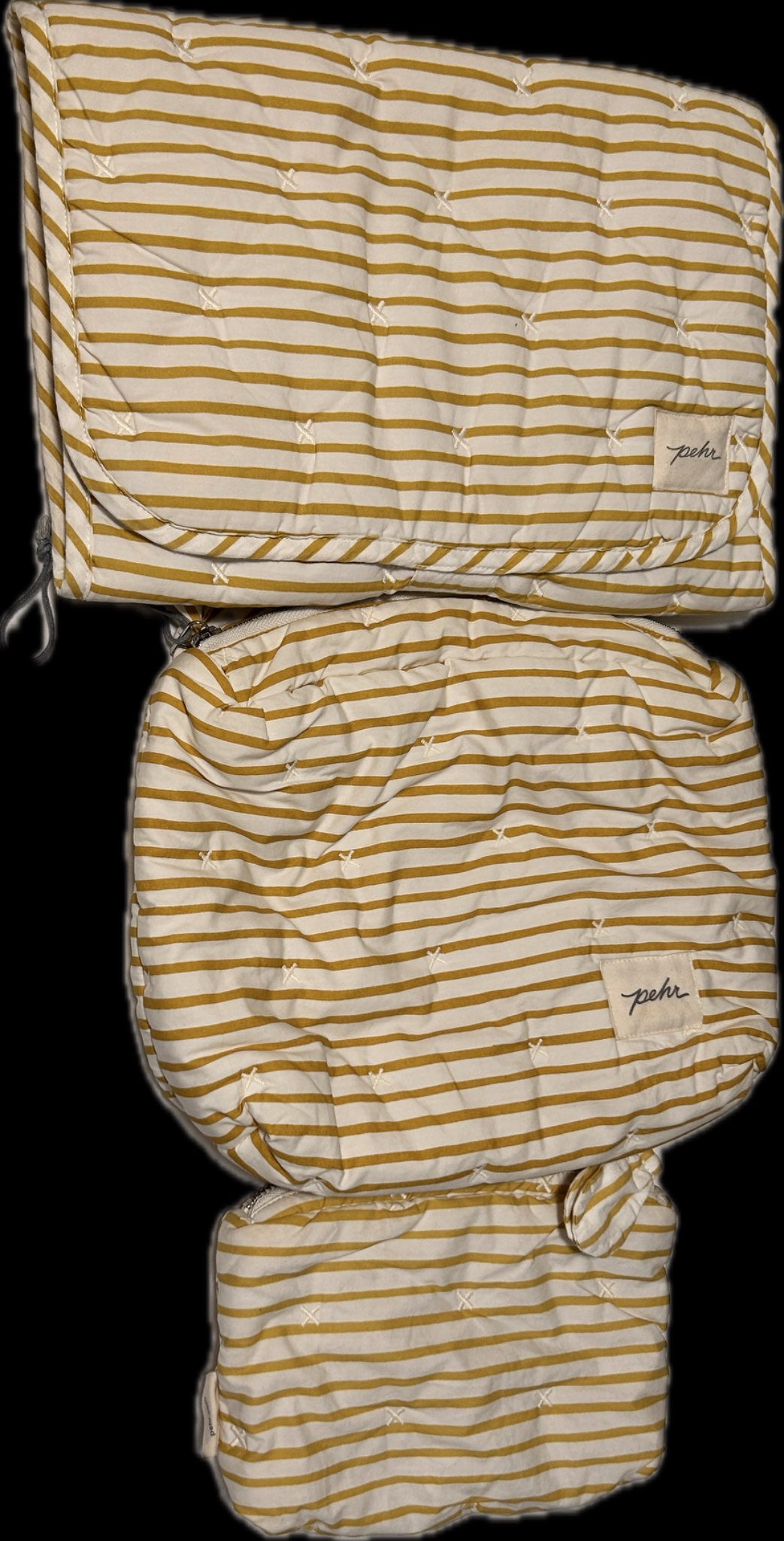 Bundle of Pehr yellow stripe "on the go" changing pad, pouch and mini pouch