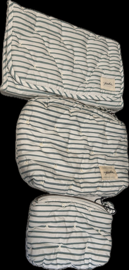 Bundle of Pehr blue (ocean) stripe "on the go" changing pad, pouch and mini pouch