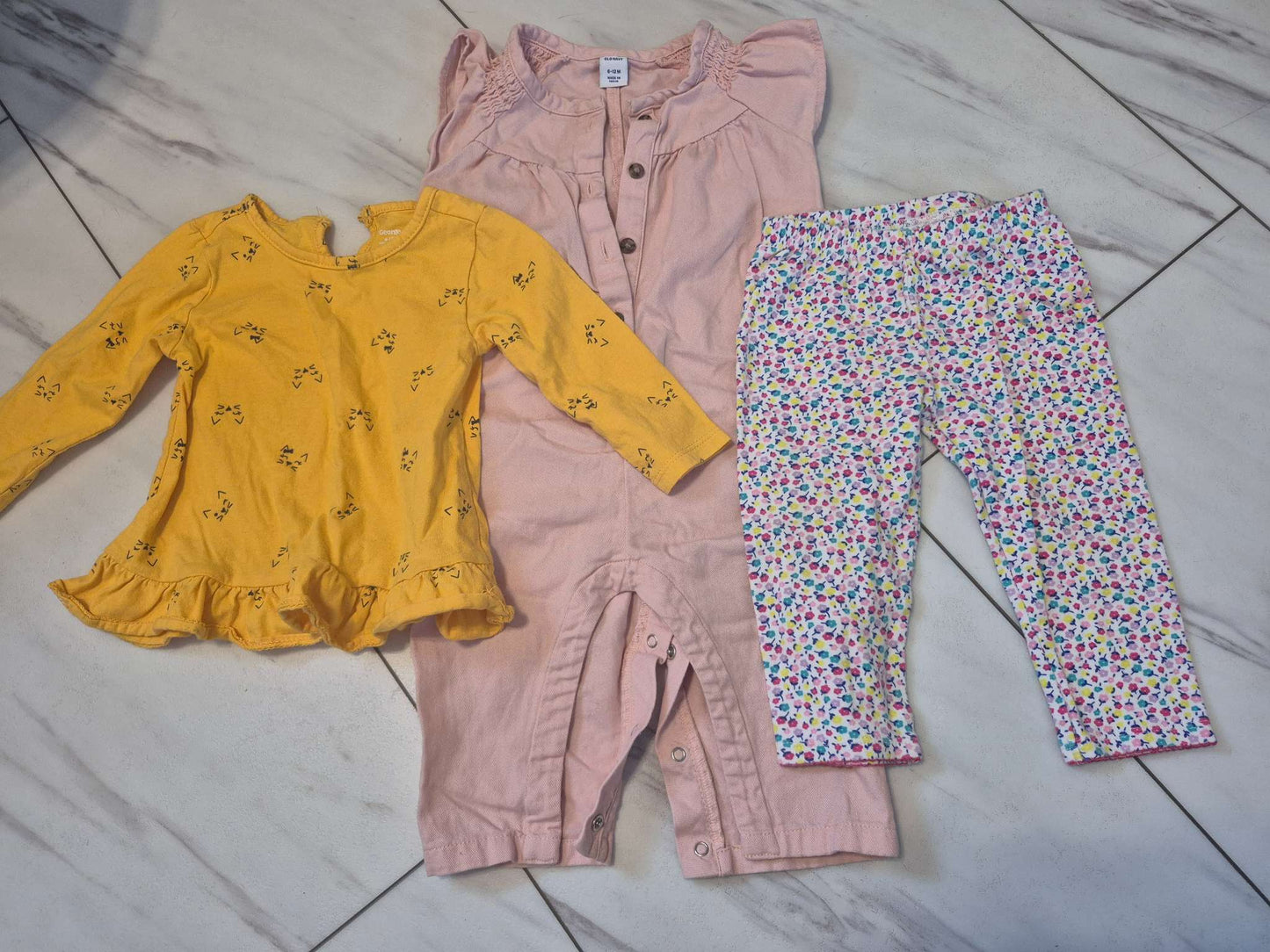 Yellow Shirt, Pink Jumpsuit, Multicolor Pants Bundle, 6-12M, Kids 9 Month (6-9M)