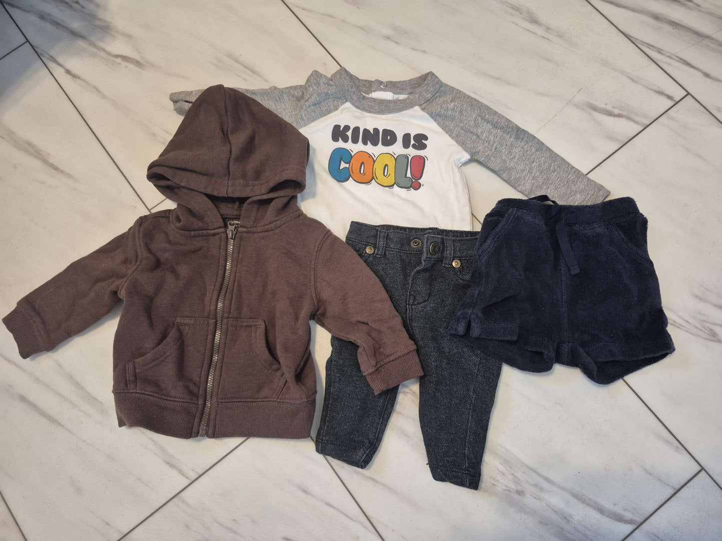 Brown Sweater, Graphic Long Sleeve Shirt, Blue shorts, Jean Pants, Various Brands, 0-3M, Kids 3 Month (0-3M)