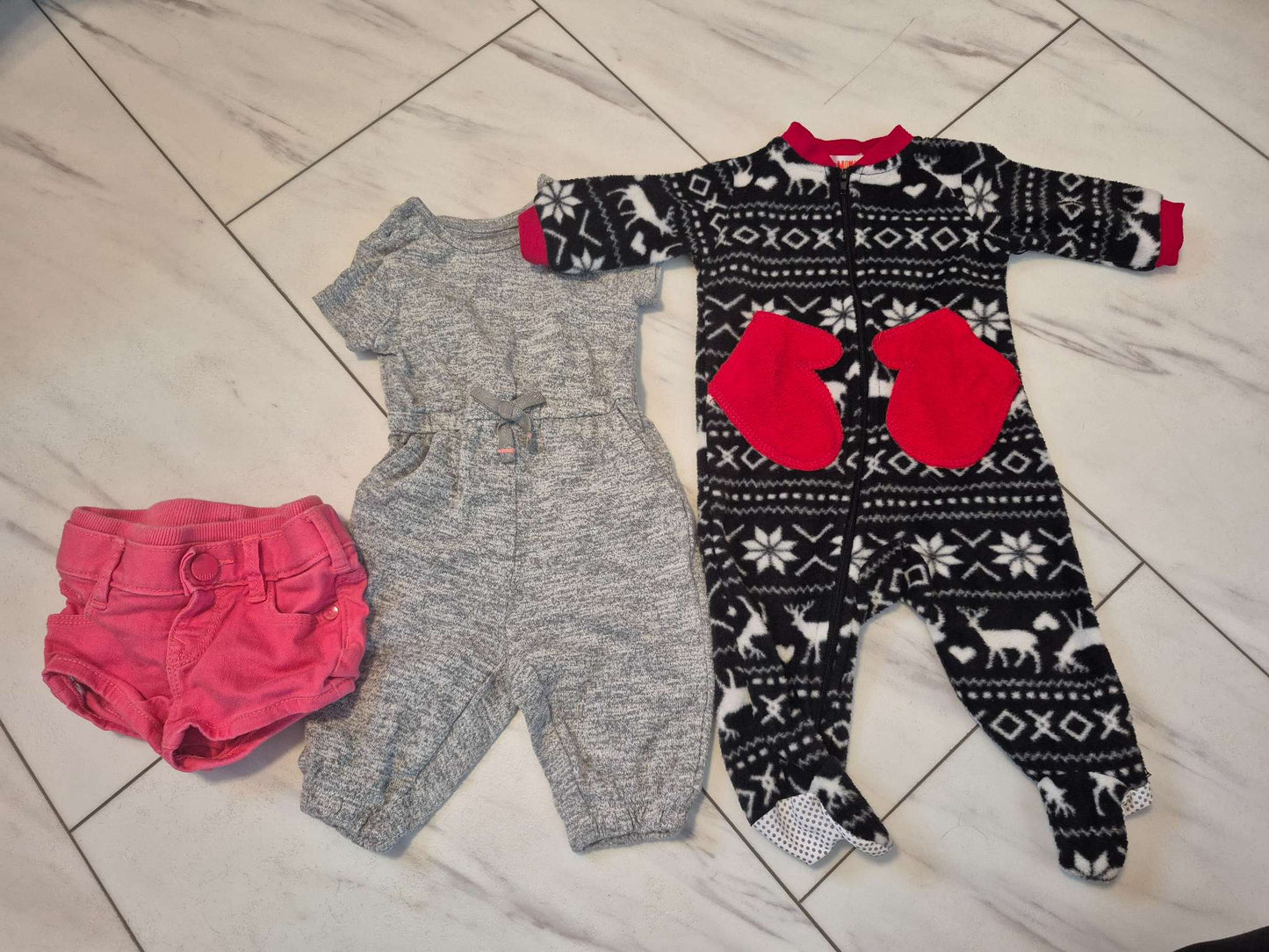 Fuzzy Black/White/Red Sleeper, Grey Romper, Pink Shorts, Various Brands, 0-3M, Kids 3 Month (0-3M)