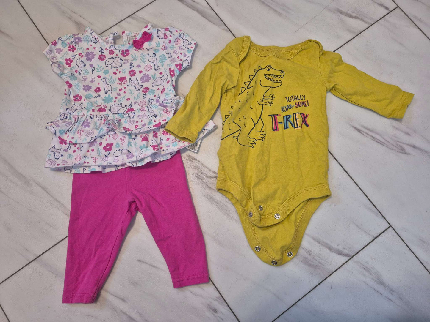 Yellow Long Sleeve Diaper Shirt, Flower Short Sleeve Shirt with Pink Pants, Various Brands, 3-6M, Kids 6 Month (3-6M)