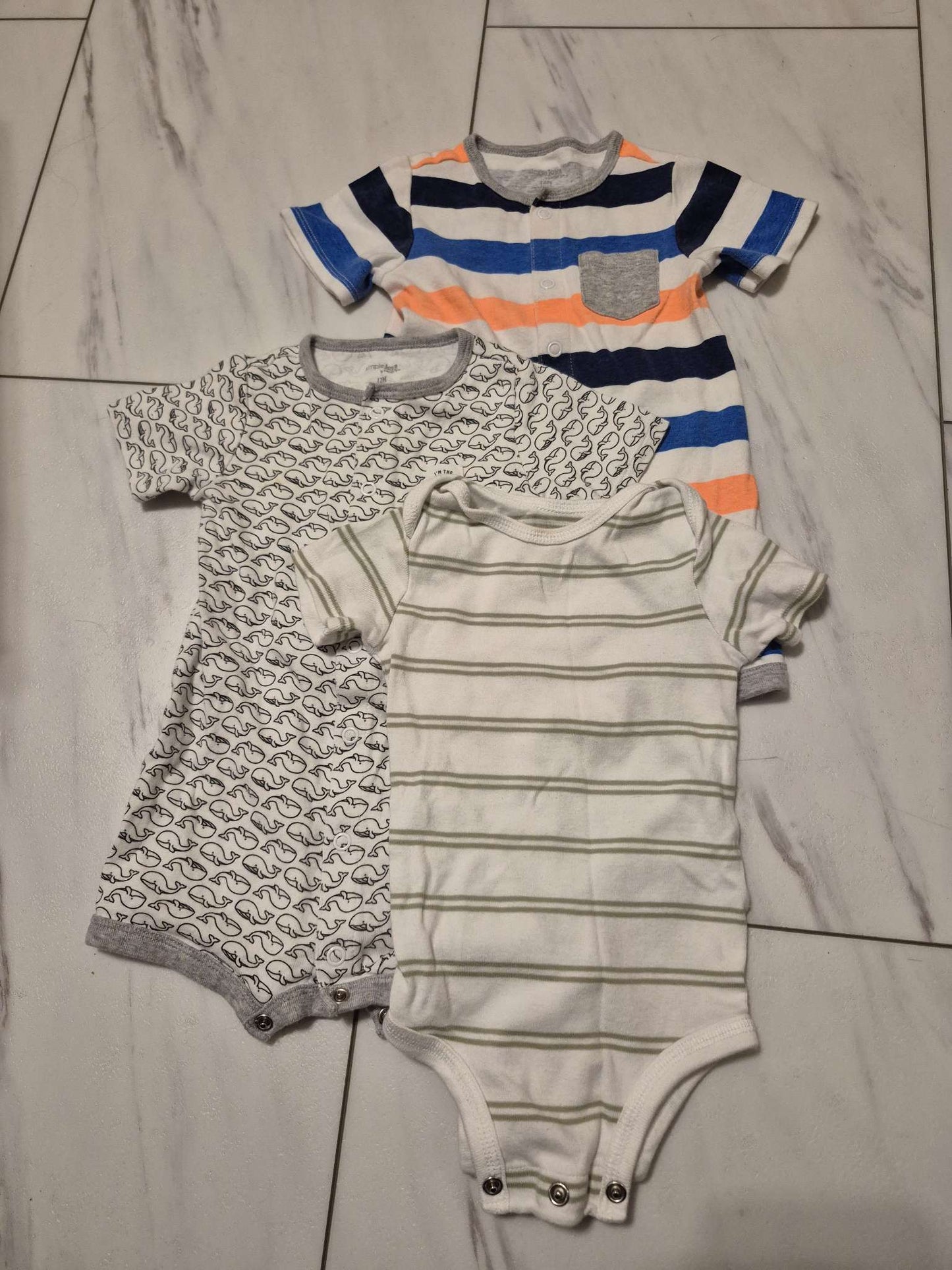 Simple Joy Onsies Bundle, Striped, Whales, Multicolor 9-12M, Kids 12 Month (9-12M)