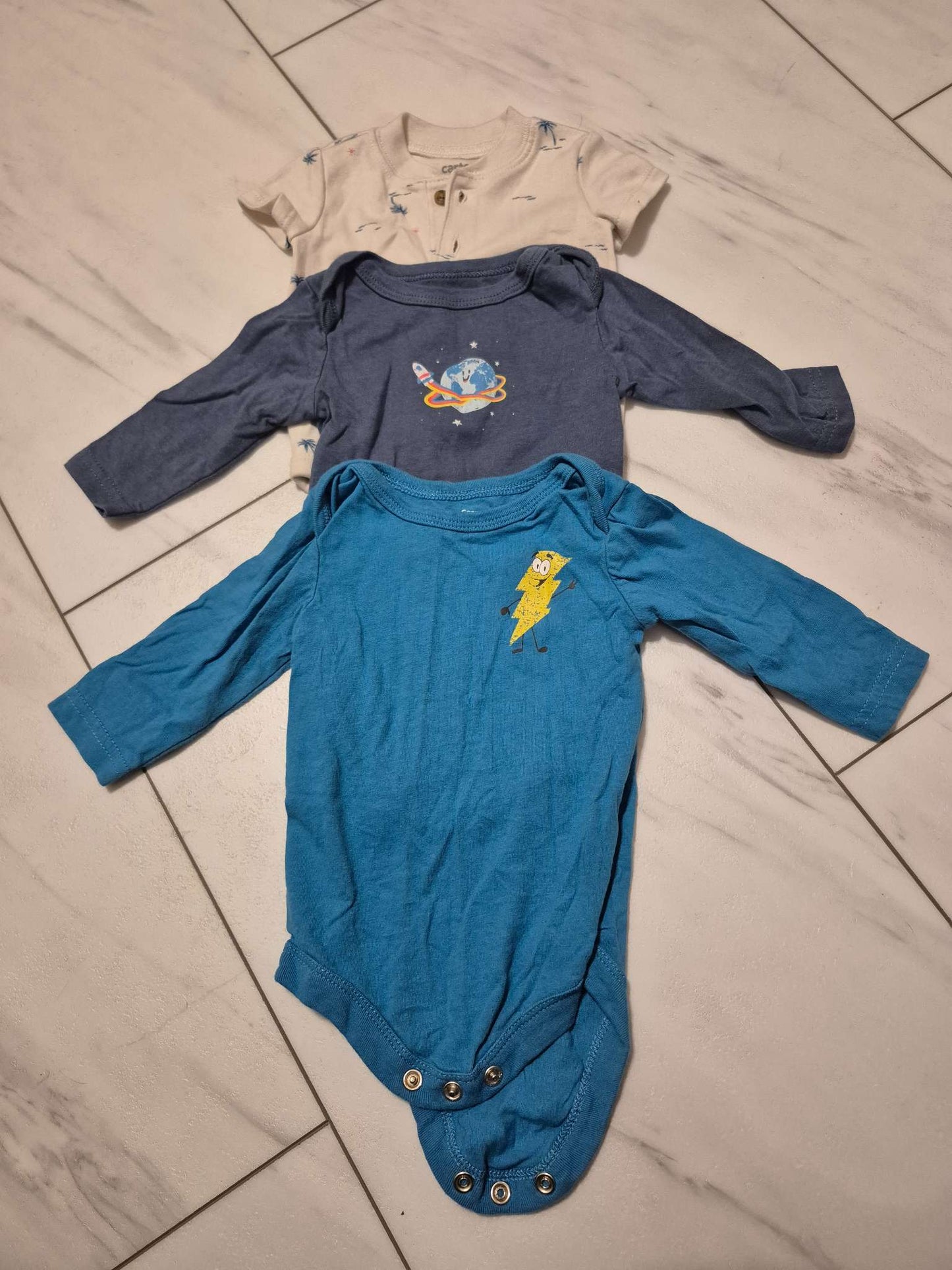 Diaper Shirt Bundle, Blue Lightning, Blue Space, Cream Palm Trees, 0-3M, Kids 3 Month (0-3M)