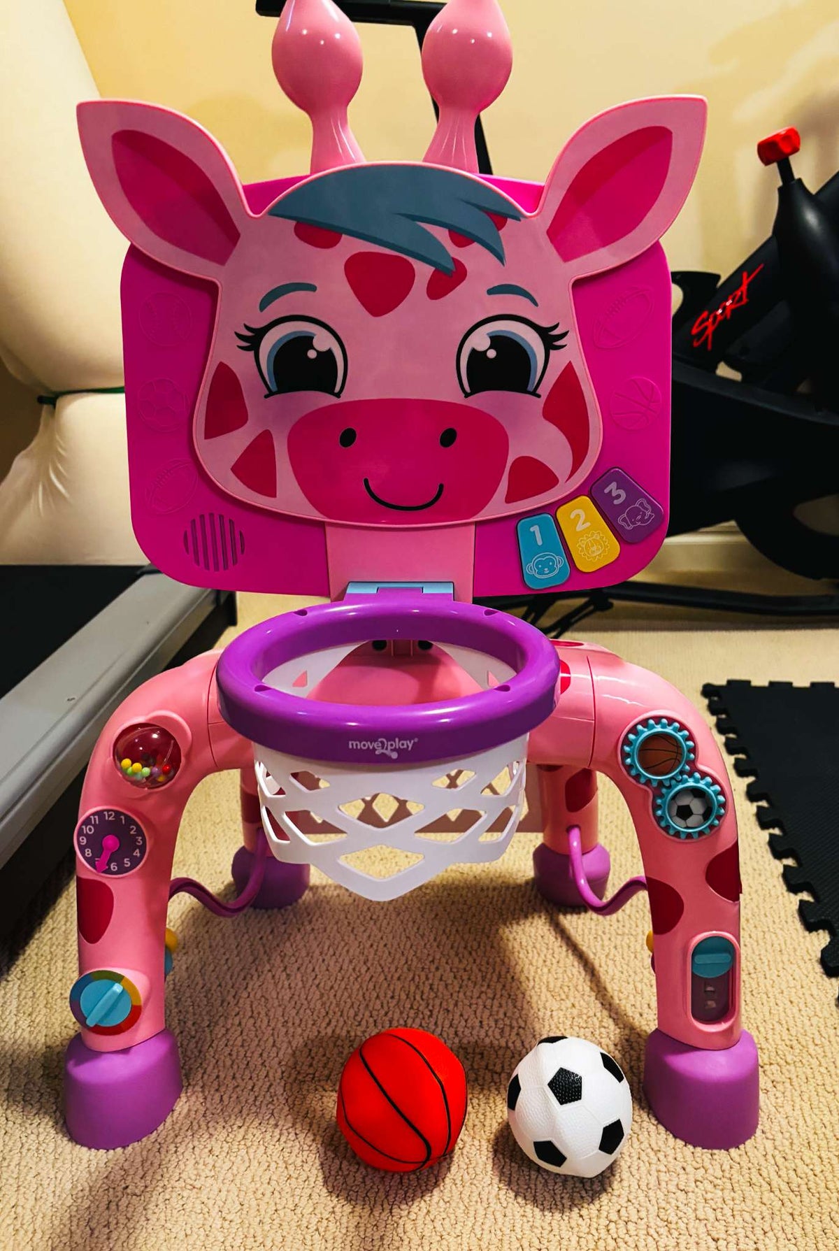 Move2Play Pink Giraffe Basketball Hoop & Soccer Goal Activity Centre