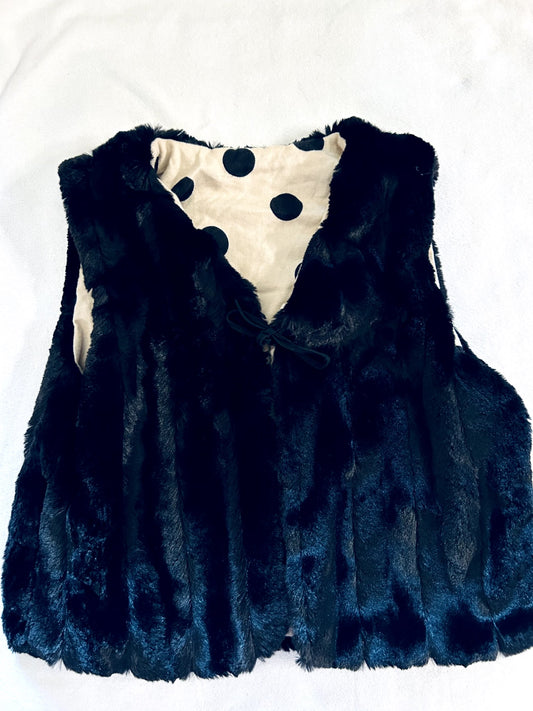 EUC - Small Shop, Vi & Jax, Black Faux Fur Vest with polka dot lining & suede tie, size 10/12, Kids 10