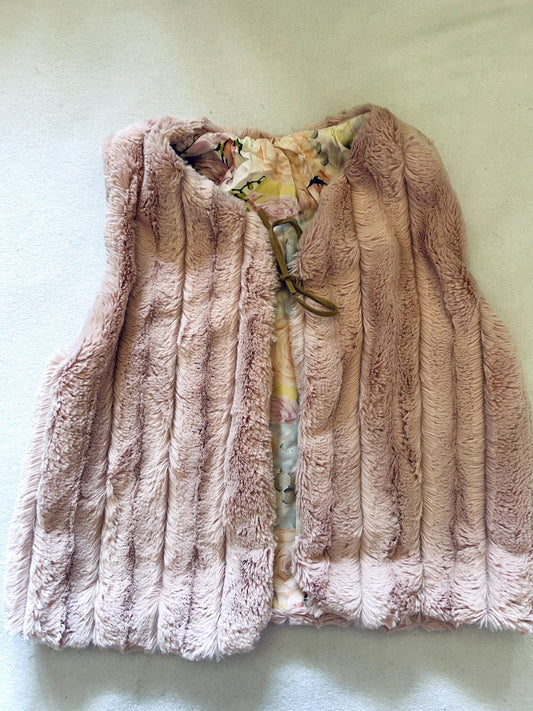 EUC - Small Shop, Vi & Jax, Pink Faux Fur Vest with floral lining & suede tie, size 10/12, Kids 10