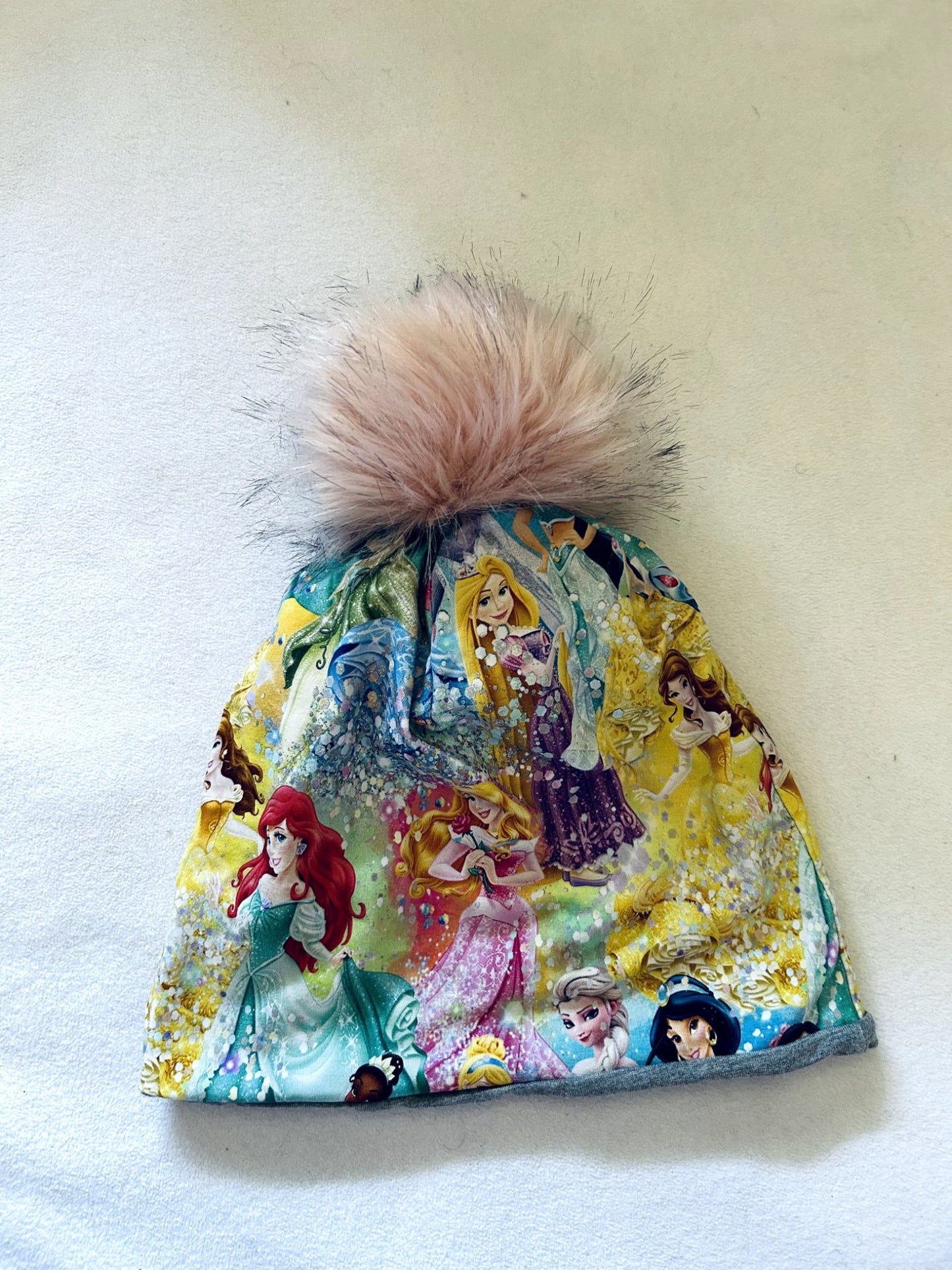 EUC - Small Shop, MSB Handmade,  Cotton Toque + Faux Fur Pom Pom, Disney Princess rainbow bubbles print, size 4-7 years old