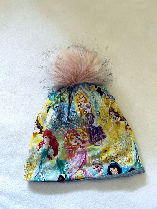 EUC - Small Shop, MSB Handmade,  Cotton Toque + Faux Fur Pom Pom, Disney Princess rainbow bubbles print, size 4-7 years old