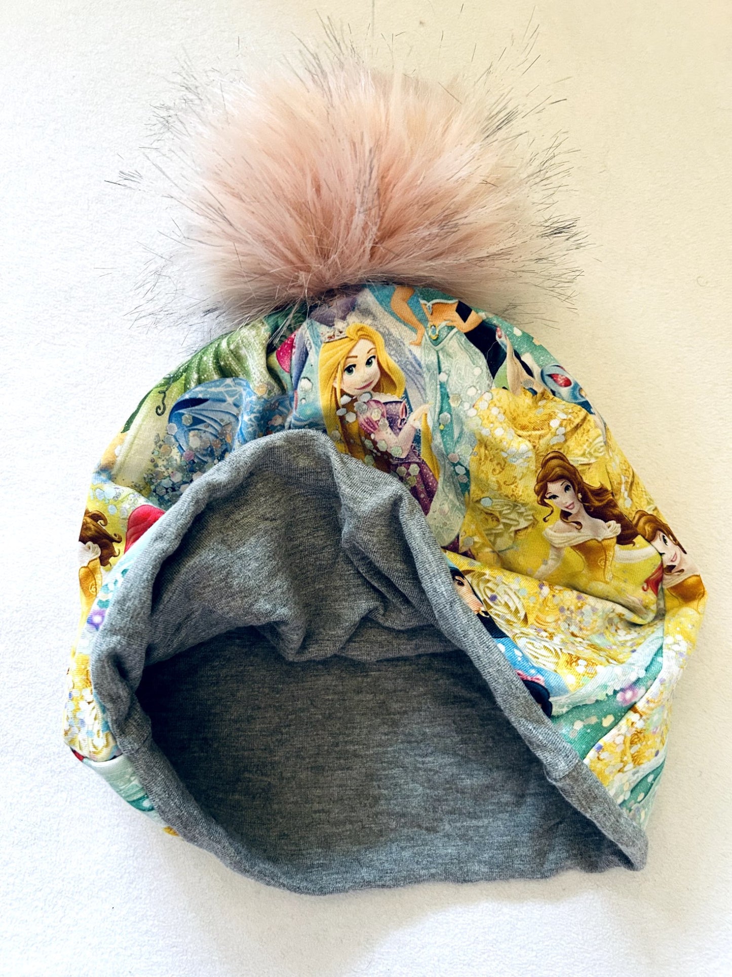 EUC - Small Shop, MSB Handmade,  Cotton Toque + Faux Fur Pom Pom, Disney Princess rainbow bubbles print, size 4-7 years old