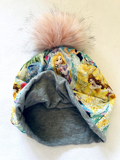EUC - Small Shop, MSB Handmade,  Cotton Toque + Faux Fur Pom Pom, Disney Princess rainbow bubbles print, size 4-7 years old