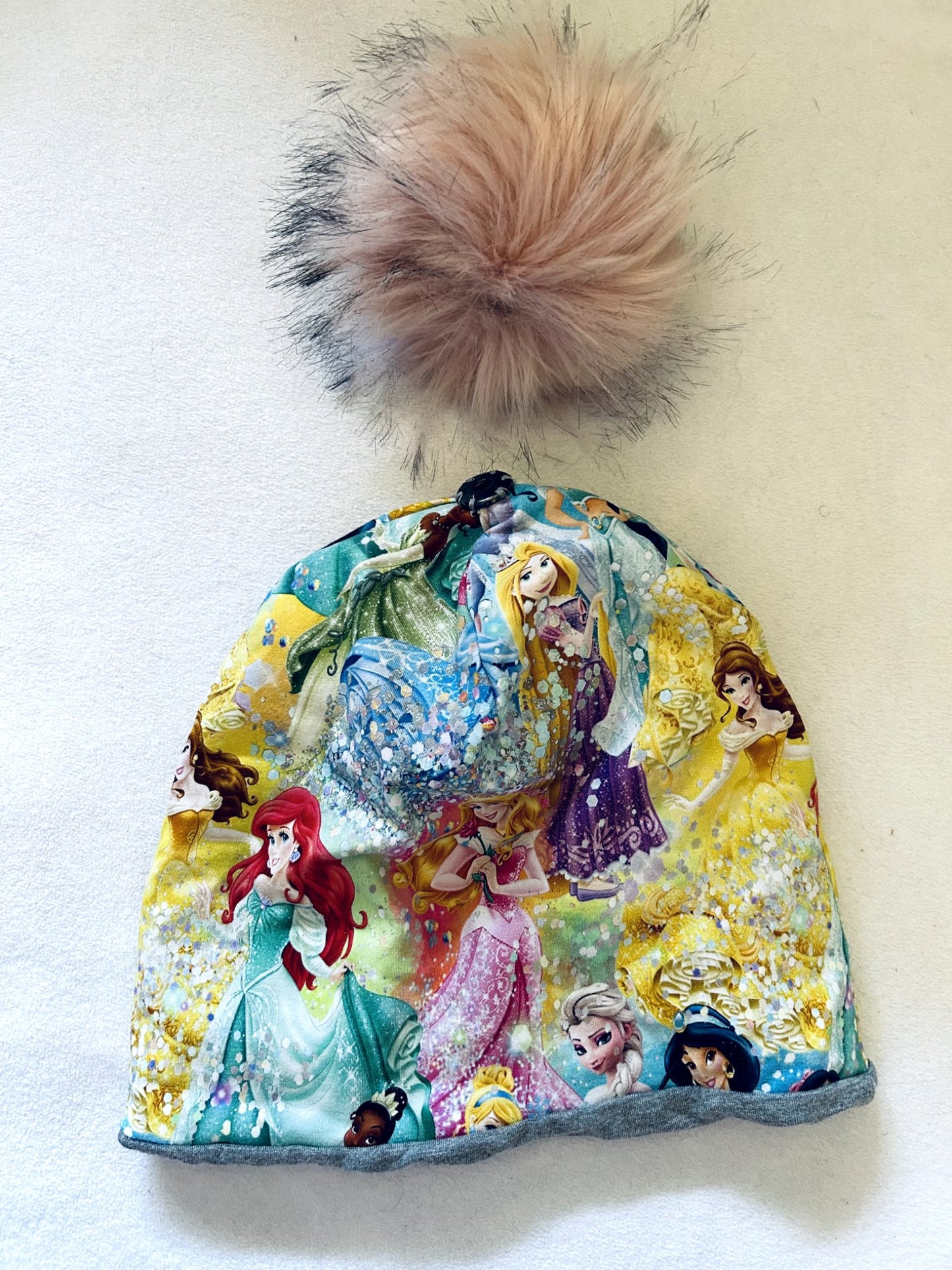 EUC - Small Shop, MSB Handmade,  Cotton Toque + Faux Fur Pom Pom, Disney Princess rainbow bubbles print, size 4-7 years old