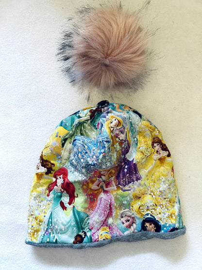 EUC - Small Shop, MSB Handmade,  Cotton Toque + Faux Fur Pom Pom, Disney Princess rainbow bubbles print, size 4-7 years old