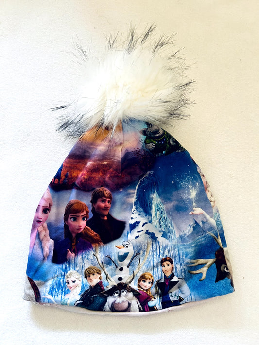 VGUC - Small Shop, MSB Handmade,  Cotton Toque + Faux Fur Pom Pom, Disney Frozen print, size 4-7