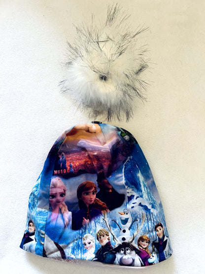 VGUC - Small Shop, MSB Handmade,  Cotton Toque + Faux Fur Pom Pom, Disney Frozen print, size 4-7