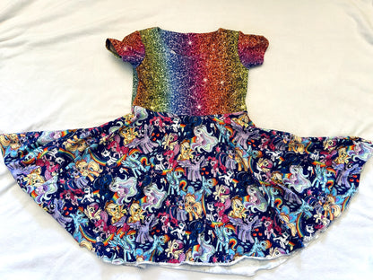 VGUC - Small Shop, Lavender & Lilac, Dress with top in rainbow and skirt in My Little Pony print, size 6/7, Kids 6/6X