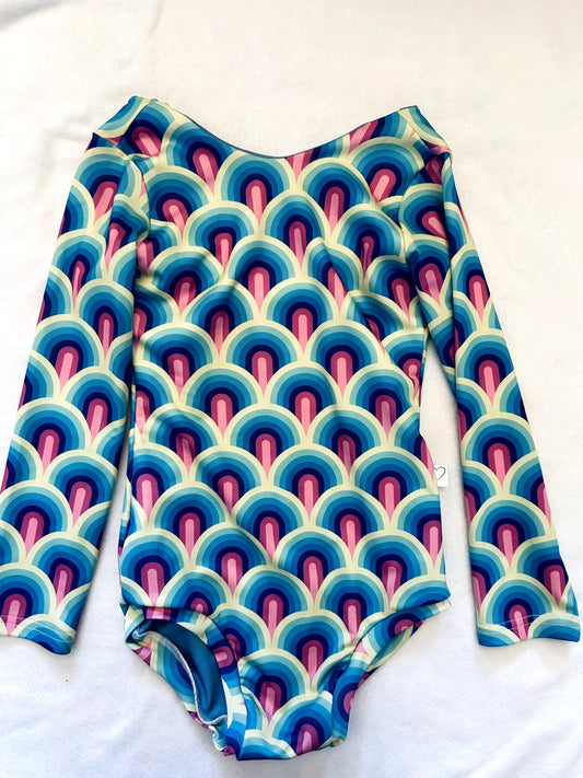 EUC - Small Shop, Vi&Jax Long sleeve Swim suit, Neon Rainbow print, size 8/9 IMO, Kids 8