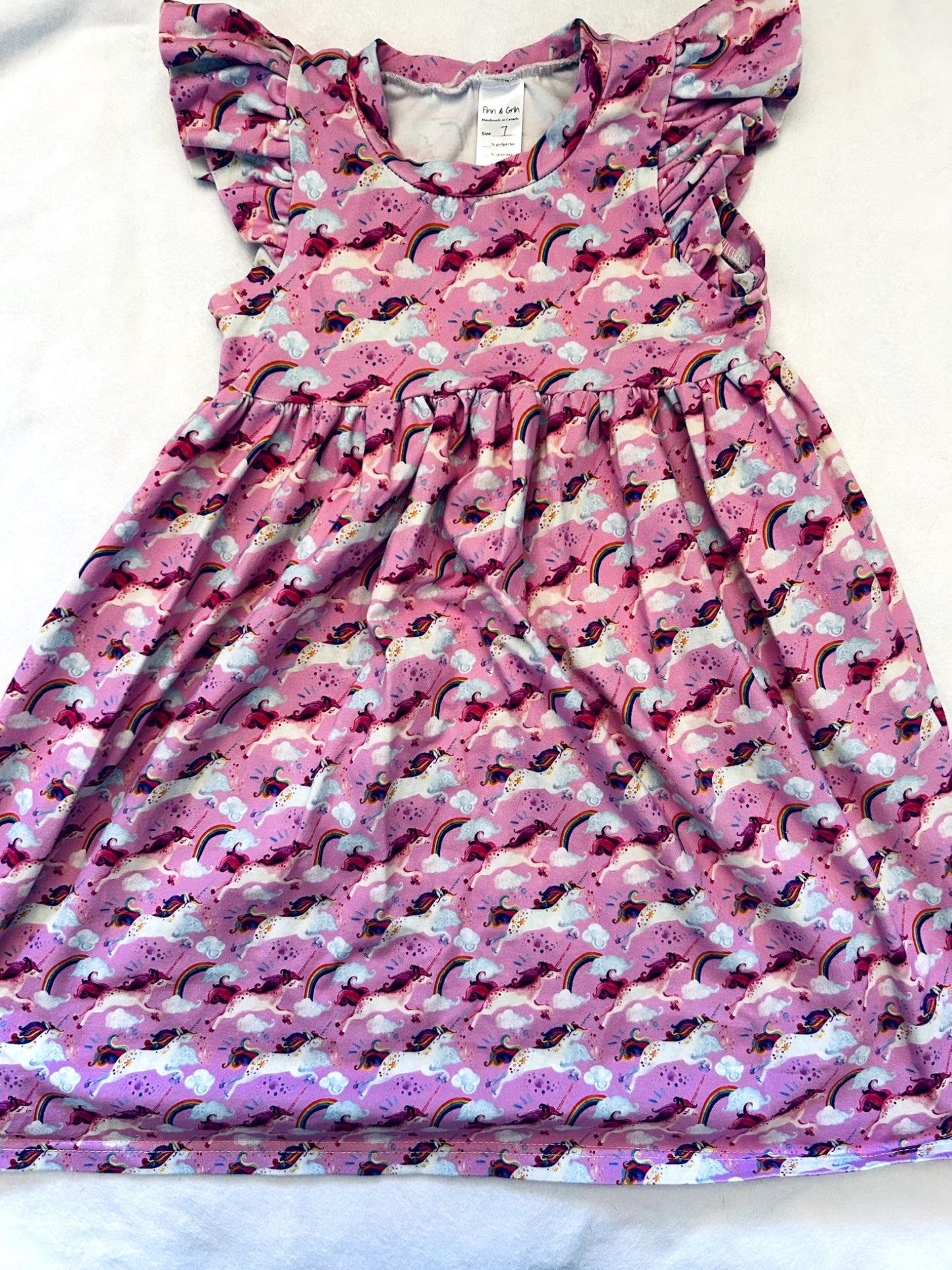 VGUC - Small Shop, Finn & Grin, Dress with flutter sleeves, pink with unicorns, size 7, retails $65 new, Kids 7