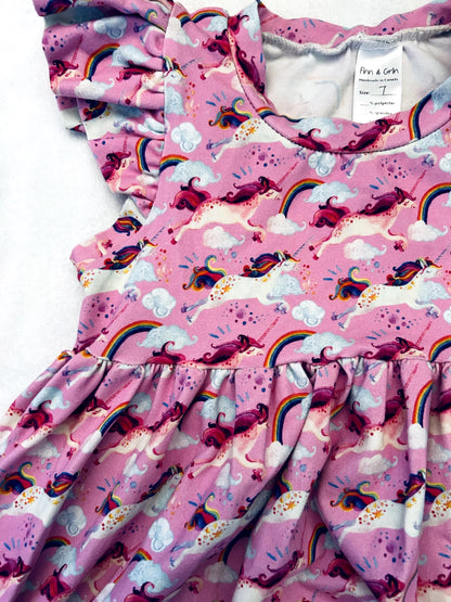 VGUC - Small Shop, Finn & Grin, Dress with flutter sleeves, pink with unicorns, size 7, retails $65 new, Kids 7