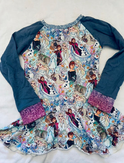 VGUC- Small shop, lavender & lilac, peplum and leggings set, Disney Frozen Print, size 7, Kids 7