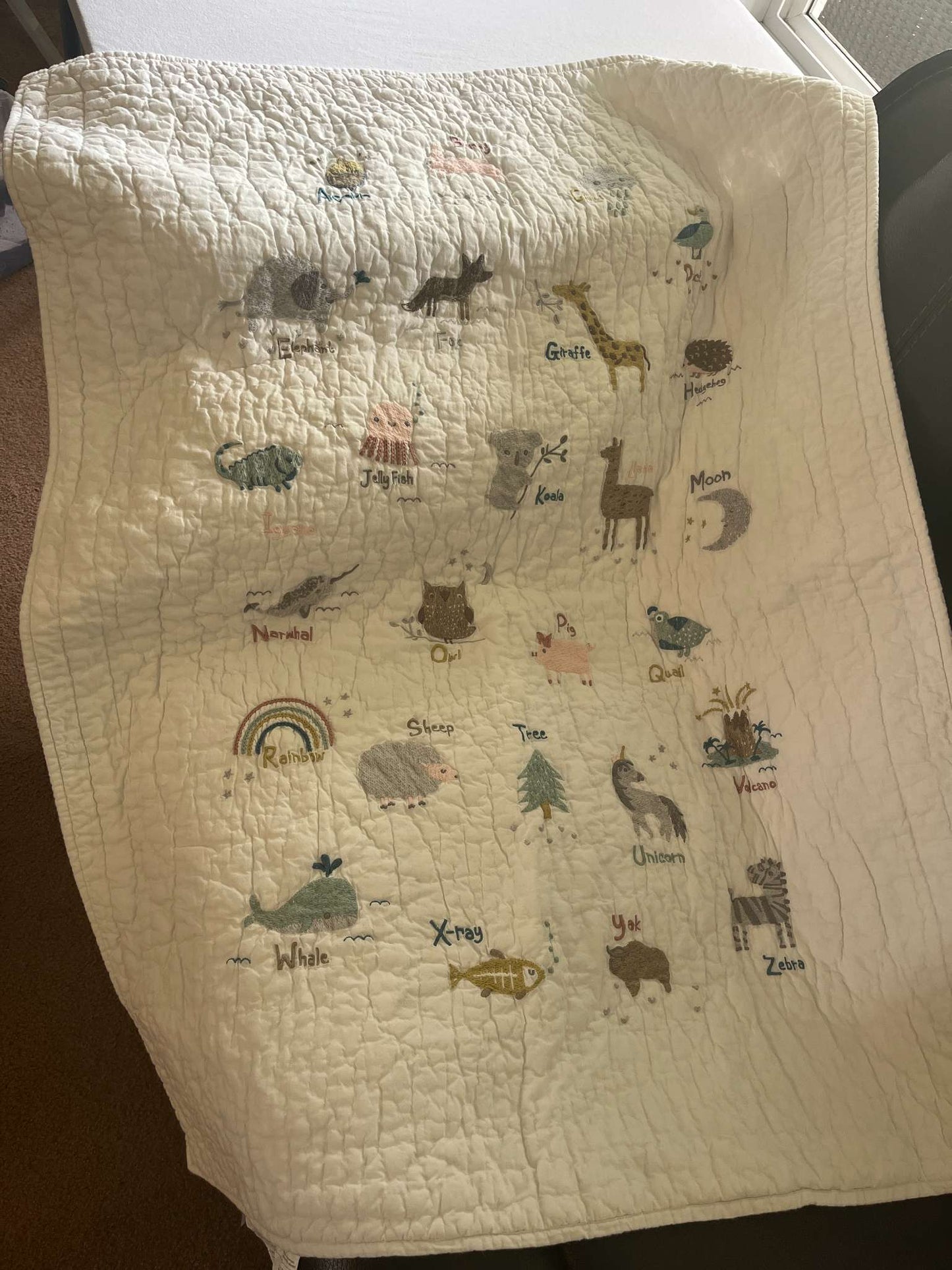 Pottery Barn Kids Animal Alphabet Crib Quilt, Size 36X50