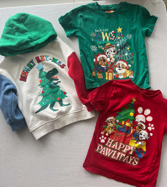 Christmas Tops Bundle, Dinosaur Sweatshirt & 2 paw patrol t-shirts, Size 3-5, Kids 4/4T