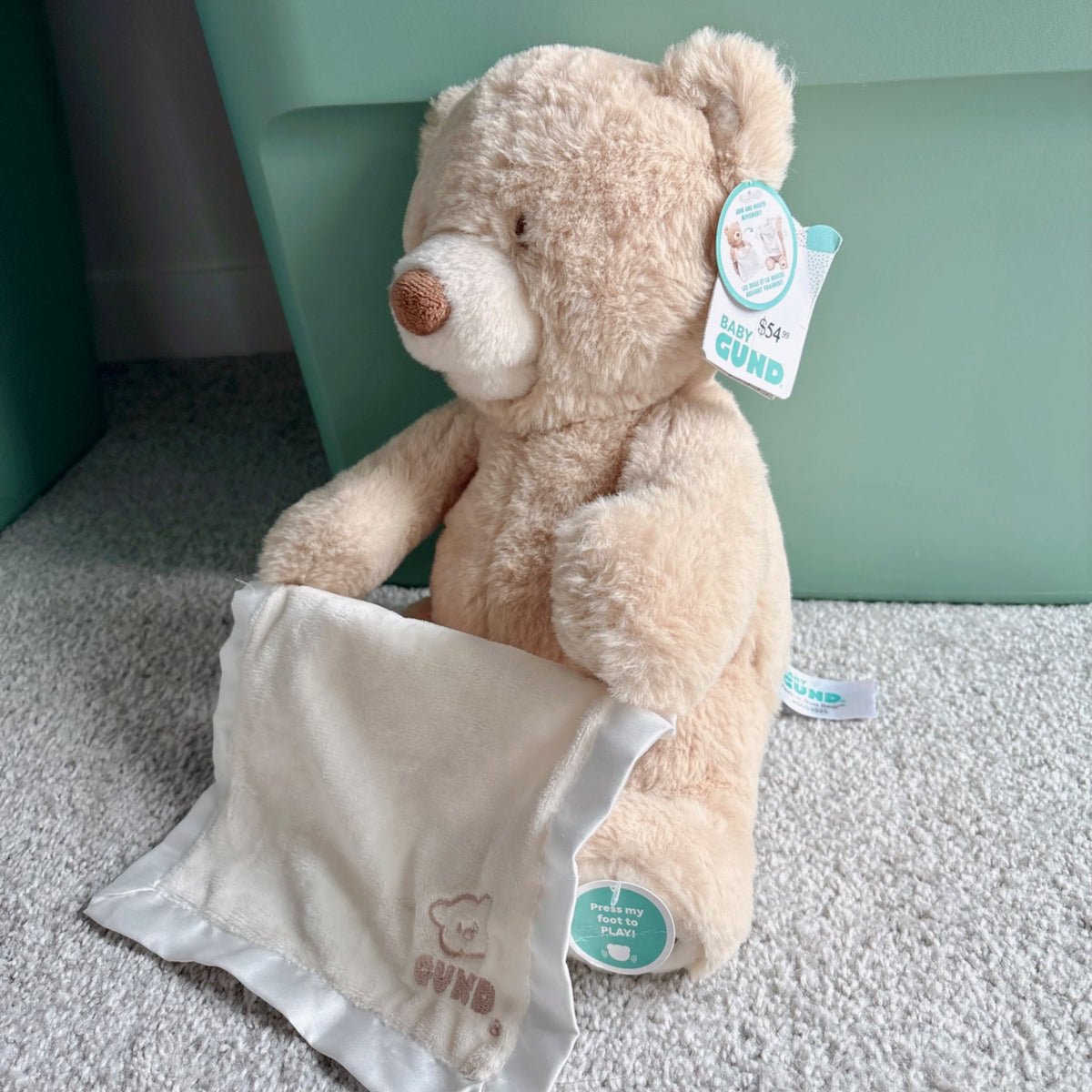 Brand new Baby Gund peek-a-boo animated teddy bear plush toy, MSRP $55