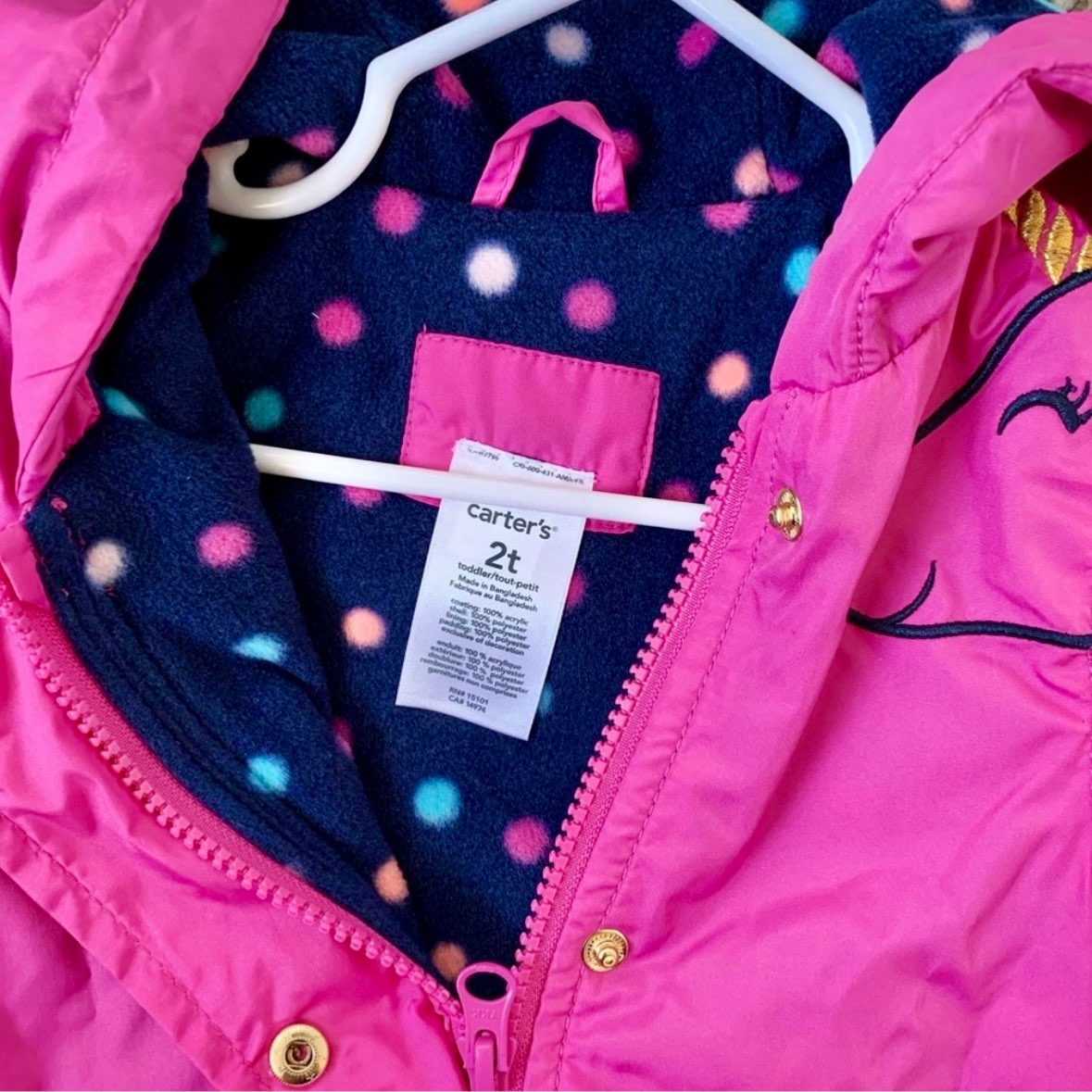 Brand new CARTERS toddler girl unicorn fleece lined jacket, 2T, Kids 2T
