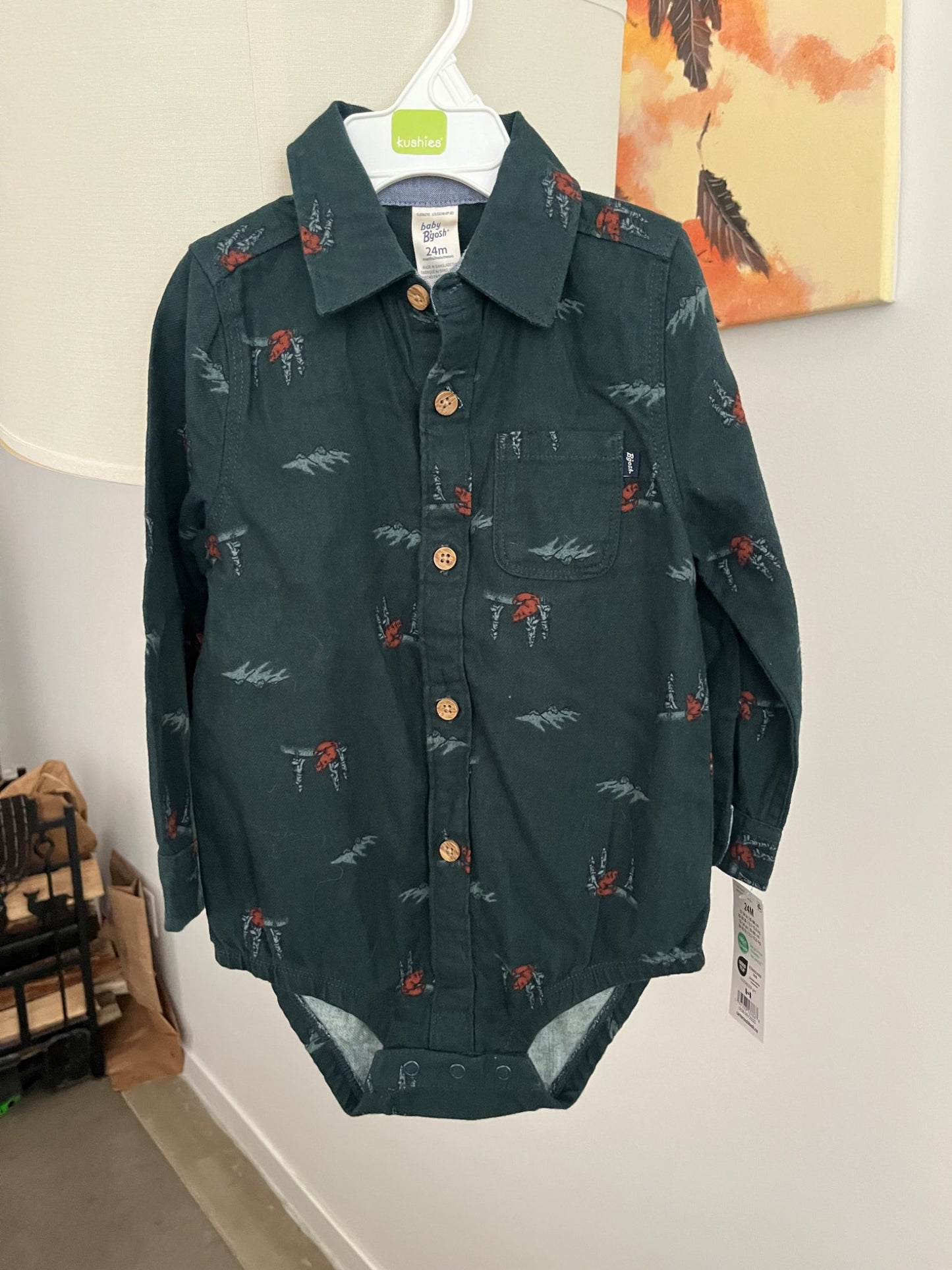 NWT Oshkosh B-gosh Woodland Fox Collared Long-Sleeve Button-Down Bodysuit, Kids 24 Month (18-24M)