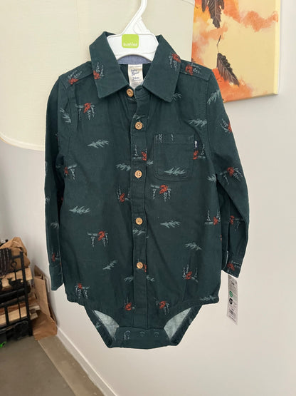 NWT Oshkosh B-gosh Woodland Fox Collared Long-Sleeve Button-Down Bodysuit, Kids 24 Month (18-24M)