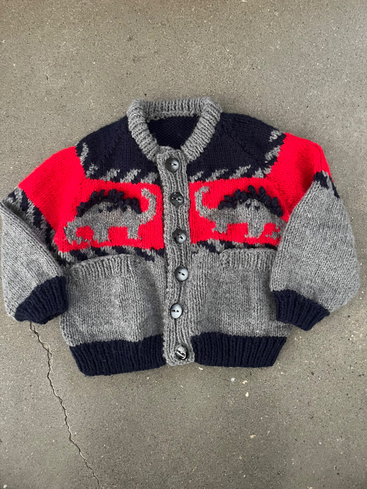 Hand Knit Dinosaur Sweater / Cardigan , Kids 18 Month (12-18M)